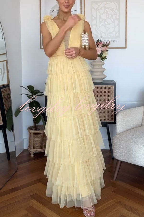 Wedding Season Tulle Plunge Front Tiered Maxi Dress