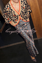 Perfect for Winter Leopard Cherry Print Satin Elastic Waist Draped Maxi Dress