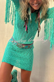 Wandering Angel Boucle Material Tassel Sleeve Stretch Vacation Mini Dress