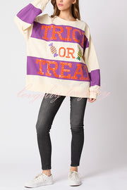 Halloween Letter Sequined Color Block Loose Casual Sweatshirt