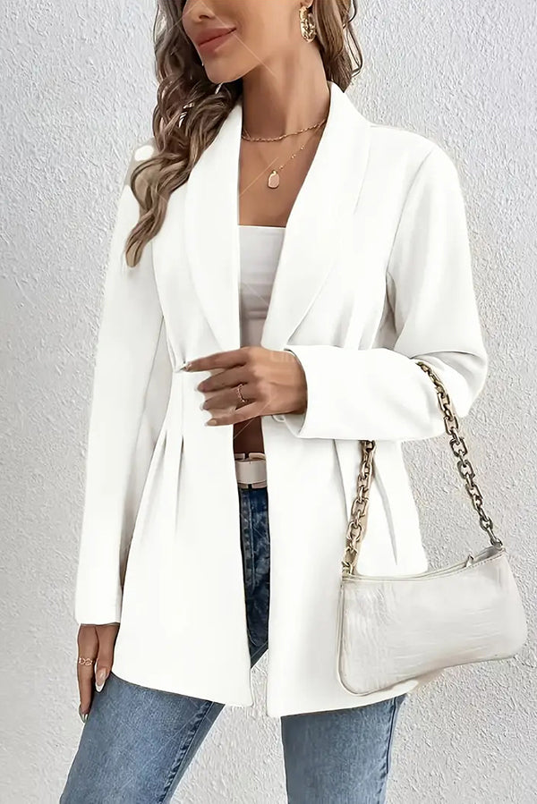 Solid Color Lapel Long Sleeve Elegant Pleated Waist Blazer