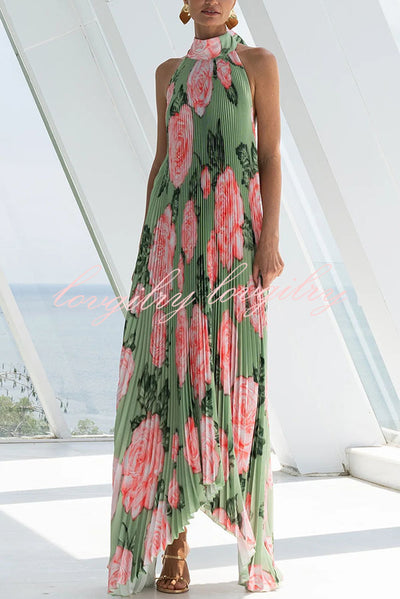 Opera Pleated Floral Halter Asymmetric Hem A-line Maxi Dress