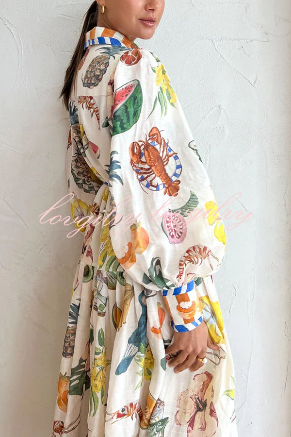 Hopeful Moments Tropical Fruit Print Balloon Sleeve Patchwork Shirt Midi Dress