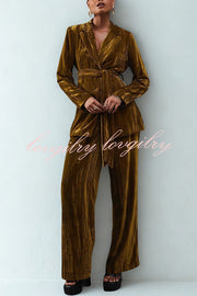 Solid Color Velvet Long-sleeved Waist Tie Top and Elastic Waist Casual Pocket Straight-leg Pants Set