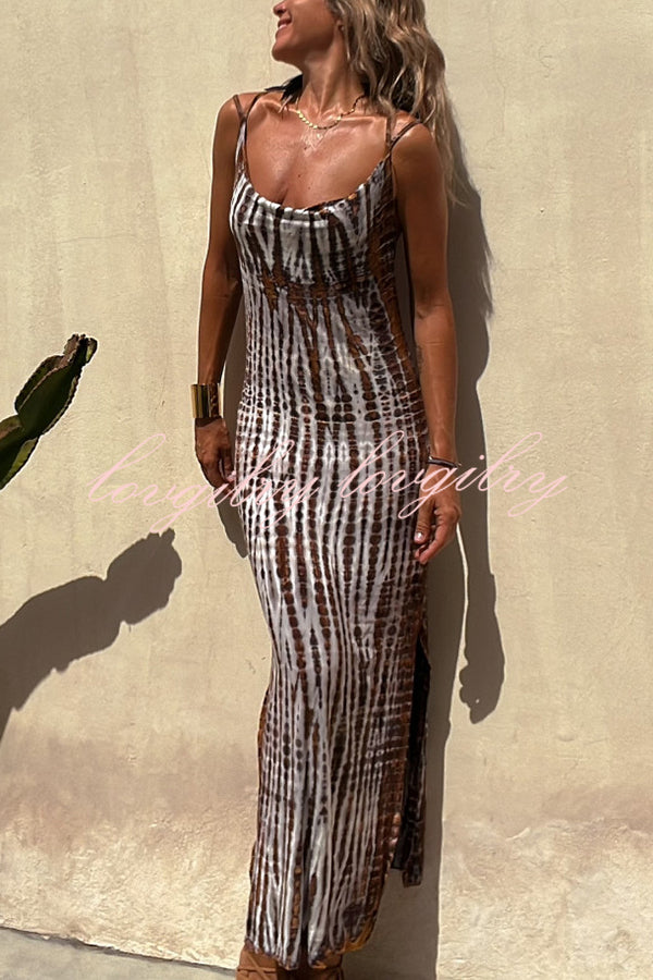 An Inspiration Tie-dye Print Double Shoulder Strap Stretch Maxi Dress