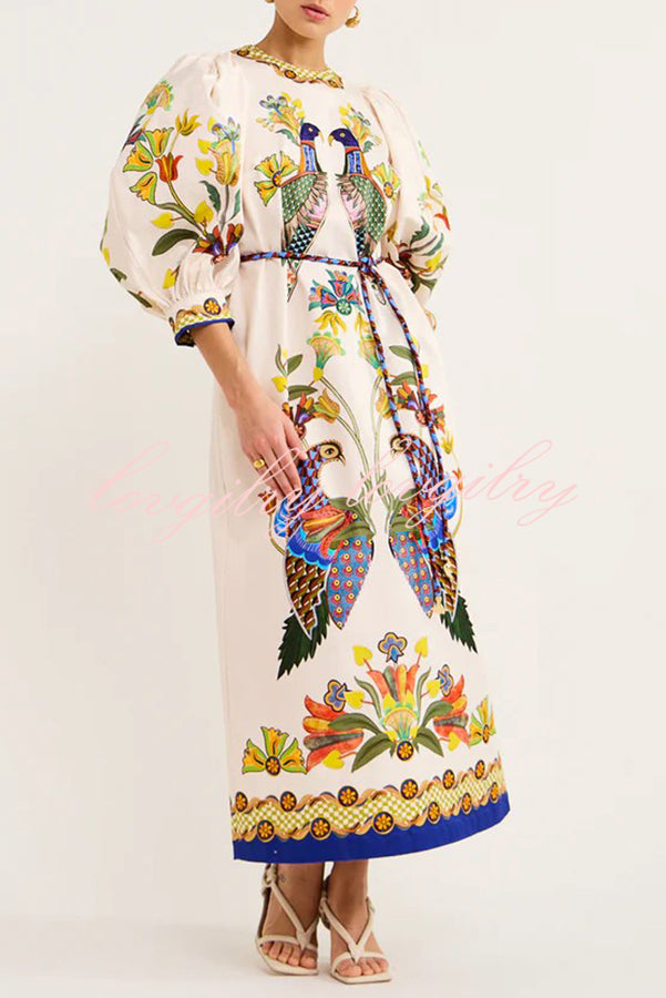 Garden Party Unique Heaven Bird Print Puff Sleeve Pocketed Loose Midi Dress