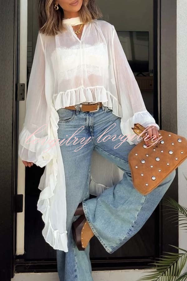 Flowy See-through Ruffle Tie-up Neck Bell Sleeve High-low Hem Cape Shirt