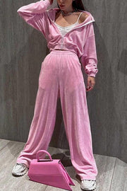 Solid Color Velvet Long-sleeved Zip-up Sweatshirt and Elastic Waist Casual Pocket Straight-leg Pants Set