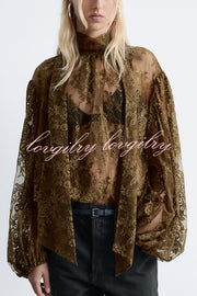 Reigna Semi-sheer Floral Lace Bow Neck Balloon Sleeve Loose Blouse
