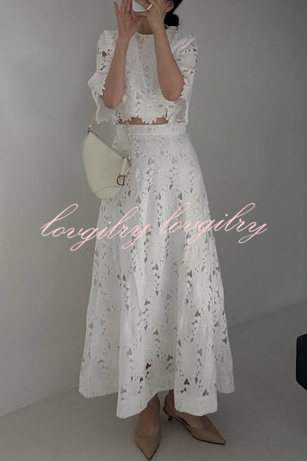Elegant Embroidered Hollow Flowers Bell Sleeve Top and Full Hem Maxi Skirt Set