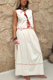 Sunny Day Linen Blend Contrast Embroidered Print Smocked Waist A-line Maxi Skirt