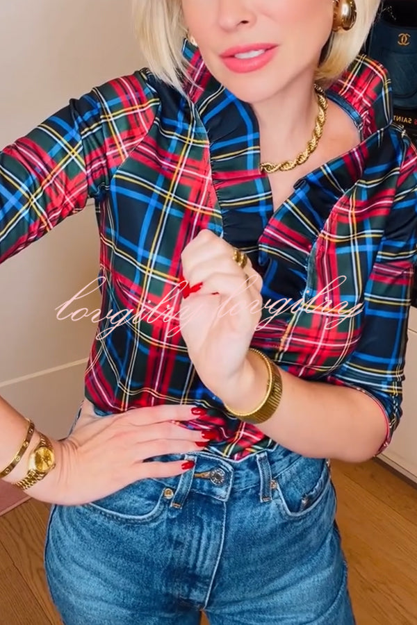 Duke of York Holiday Plaid Ruffle Stand Neck Half Sleeve Blouse