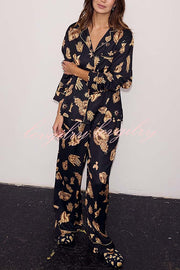 Golden Night Unique Print Color-block Trim Loose Shirt and Elastic Waist Pocketed Pajama Set