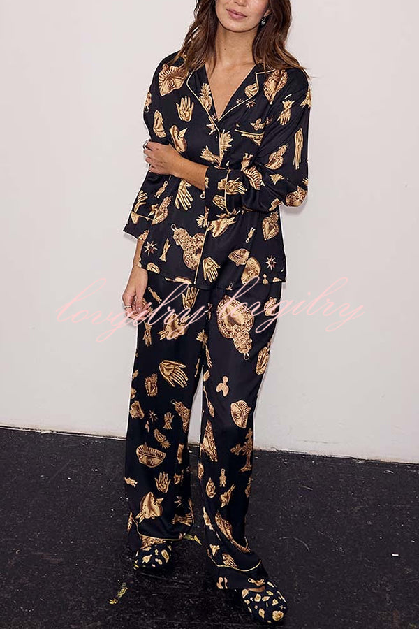 Golden Night Unique Print Color-block Trim Loose Shirt and Elastic Waist Pocketed Pajama Set