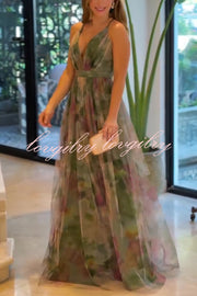 Kerrie Tulle Render Floral Print Cross Back Straps Maxi Dress