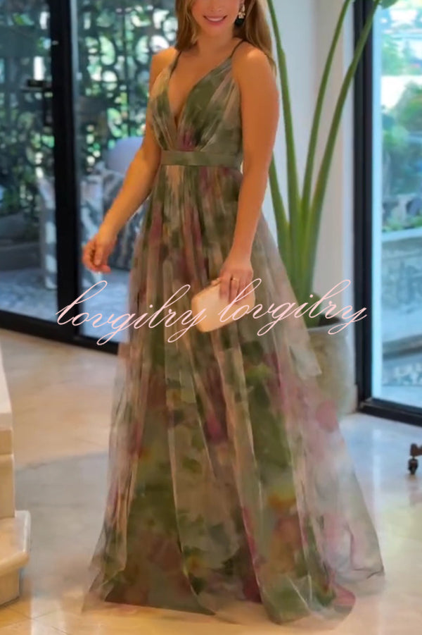 Kerrie Tulle Render Floral Print Cross Back Straps Maxi Dress