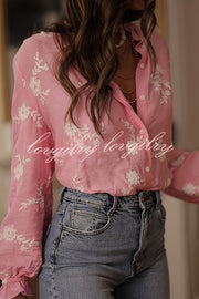 Floral Embroidery Long-Sleeved Button-Up Elegant Shirt