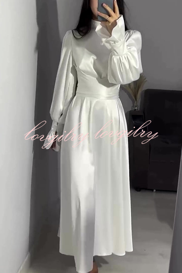 Solid Color Ruffled Sleeves Waisted Tie Slim Fit Maxi Dress