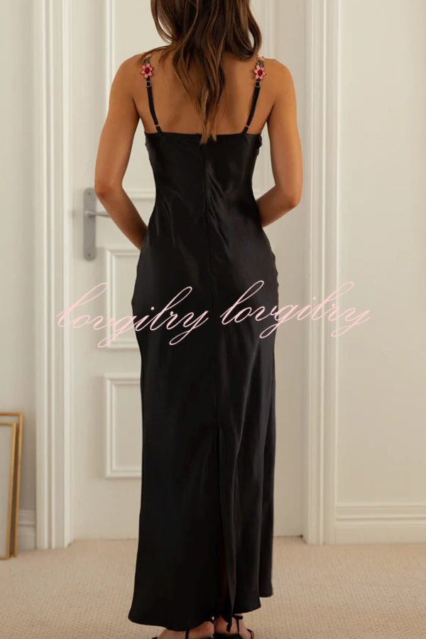 Endless Love Satin Embroidered Flower Trim Strap Maxi Dress