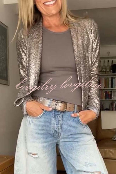 A Shining Day Sequin Long Sleeve Cropped Lapel Jacket