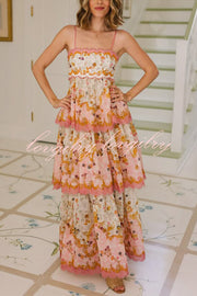 Charming Smile Floral Print Scalloped Lace-trim Back Tie-up Tiered Maxi Dress