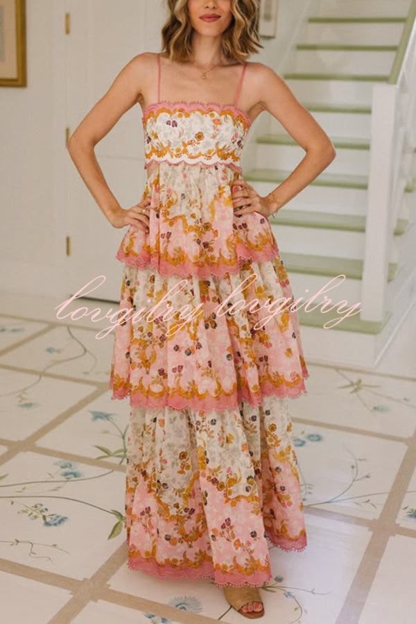 Charming Smile Floral Print Scalloped Lace-trim Back Tie-up Tiered Maxi Dress