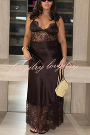 Elegant Evening Satin Lace Patchwork See-through Waist Slip Maxi Dress