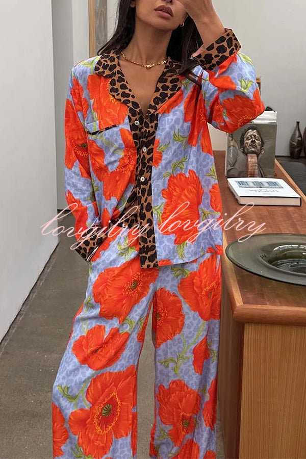 Color-block Poppy Leopard Print Trim Loose Shirt and Elastic Waist Pocketed Pajama Set