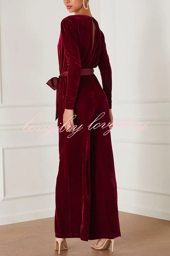 Love One Another Velvet Bow Belted Pocket Cutout Back Loose Jumpsuit