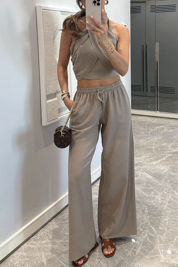 Noellie Cross Halter Neck Smocked Tank and Elastic Waist Pocketed Wide Leg Pants Set