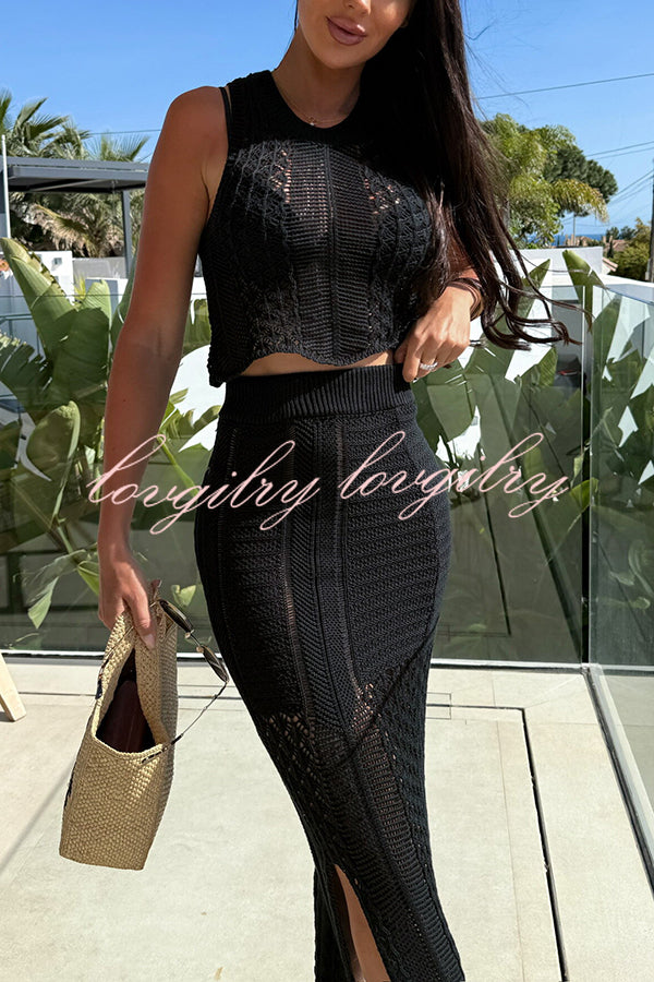 Solid Color Sleeveless Hollow Knit Crop Top and Elastic Slit Slim Midi Skirt Set