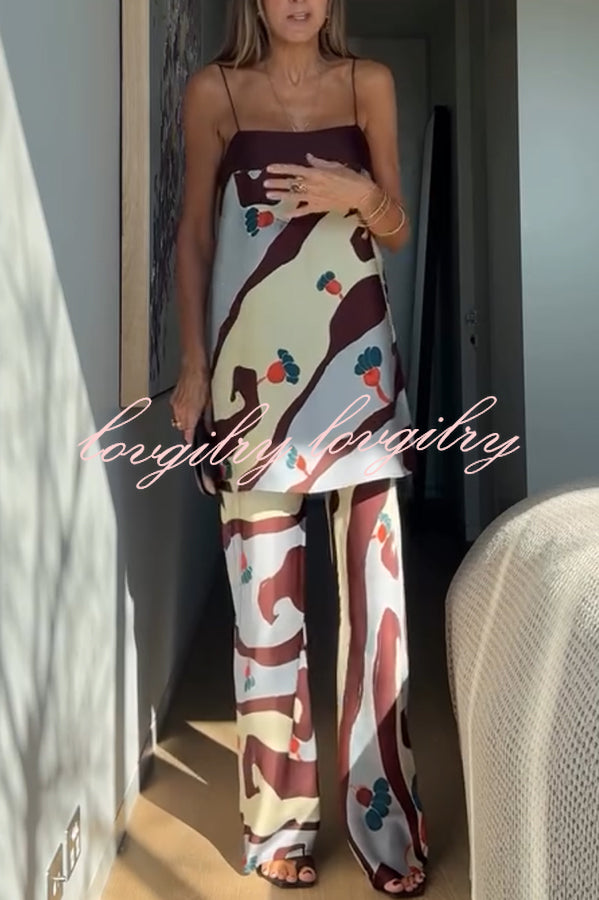 Loving Views Satin Unique Print a-line Tank and Elastic Waist Loose Pants Set