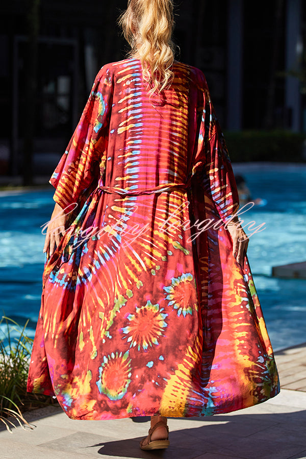 Unique Print Loose Lace Up Holiday Maxi Cover Up