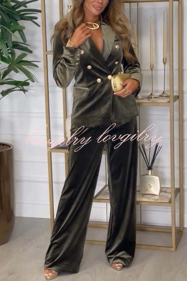 Guest of Honor Velvet Metal Button Lapel Blazer and Elastic Waist Pocketed Loose Pants Set