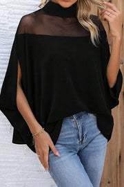 Fashionable Mesh-paneled Batwing Sleeve High-neck Loose Top