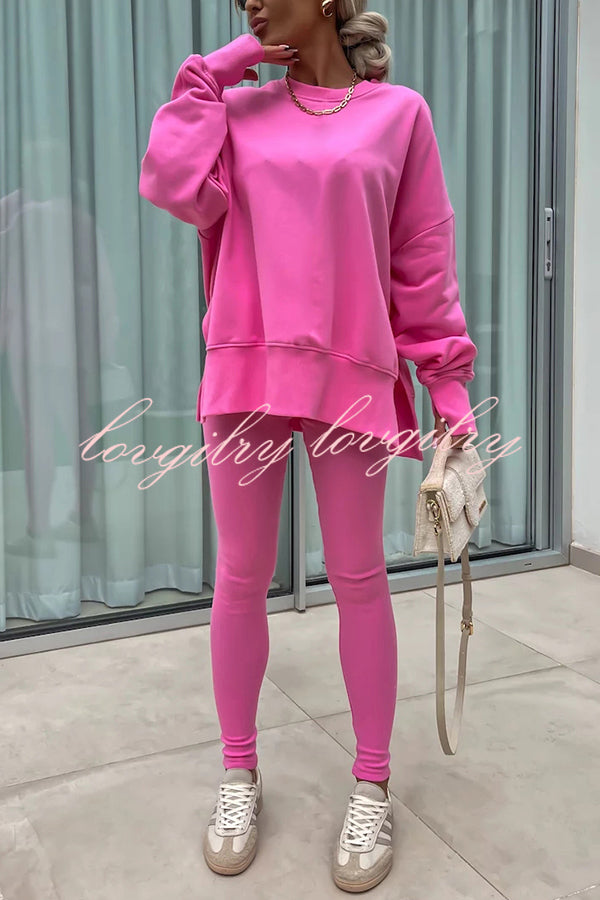 Solid Color Loose Long Sleeve SlitSweatshirt and Elastic Waist Tight Pants Set