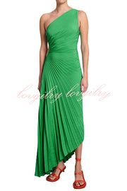 Glam Vibes Satin One Shoulder Side Cutout Pleated Maxi Dress