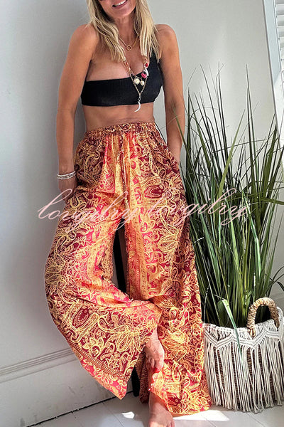 Vintage Boho Ethnic Print High Rise Elastic Drawstring Waist Pocketed Loose Pants