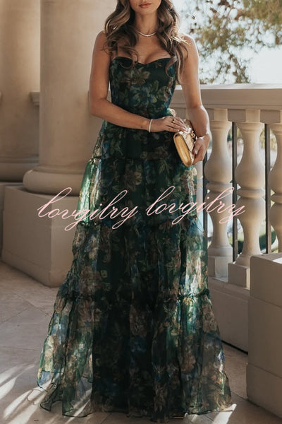 Exclusive Glamour Organza Floral Print Tiered Slip Maxi Dress