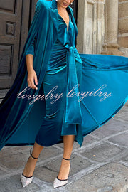 Olivienne Luxurious Velvet Padded Shoulders Slit Sleeve Lapel Midi Cape