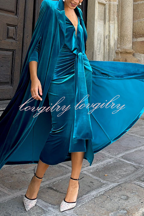 Olivienne Luxurious Velvet Padded Shoulders Slit Sleeve Lapel Midi Cape