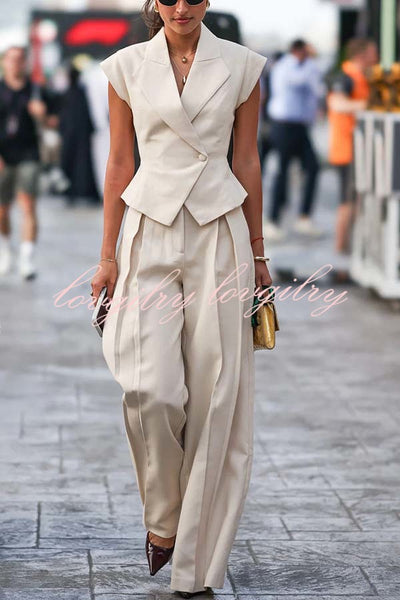 Raya Single Button Cape Sleeve Tie-up Lapel Top and  Pleated Waist Pocket Pants Set