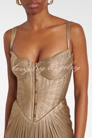 Vegas Queen Metallic Pleated Sculpted Bodice Back Lace-up Drape Maxi Dress