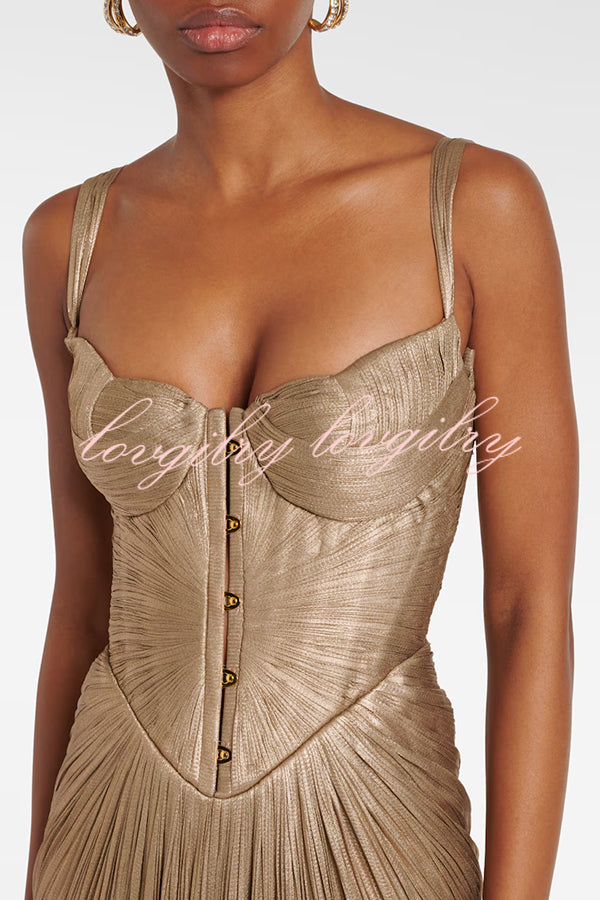 Vegas Queen Metallic Pleated Sculpted Bodice Back Lace-up Drape Maxi Dress