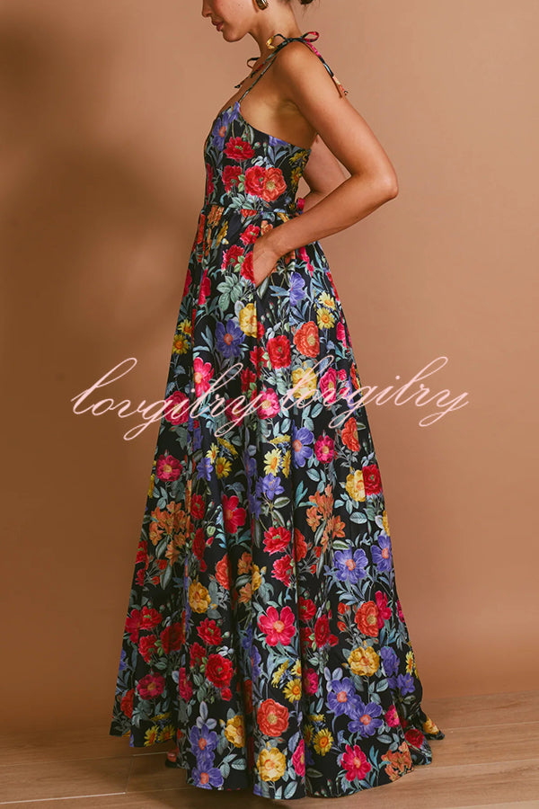 Garden Wedding Floral Print Back Tie-up Pocketed Slit Maxi Dress