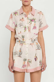 Plant Print Lapel Short Sleeves Loose Pocket Waist Tie Casual Rompers