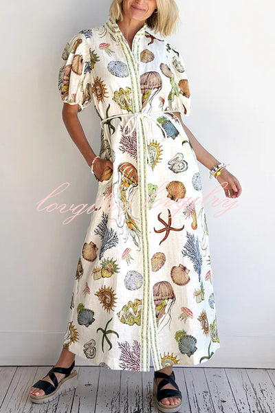 Deep Sea Dreaming Linen Blend Unique Print Puff Sleeve Lace-up Pocketed Midi Dress