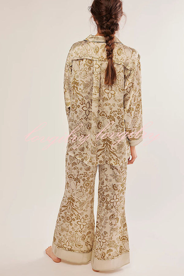 Unique Printed Lounge Long-sleeved Shirt and Elastic Waisted Baggy Pants Set