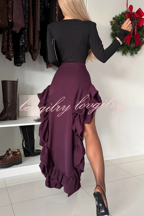Toast To Midnight Solid Color High Rise Irregular Ruffled High Low Maxi Skirt