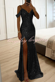 Prom Dreamland Sequin Cold Shoulder Ruched Slit Maxi Dress